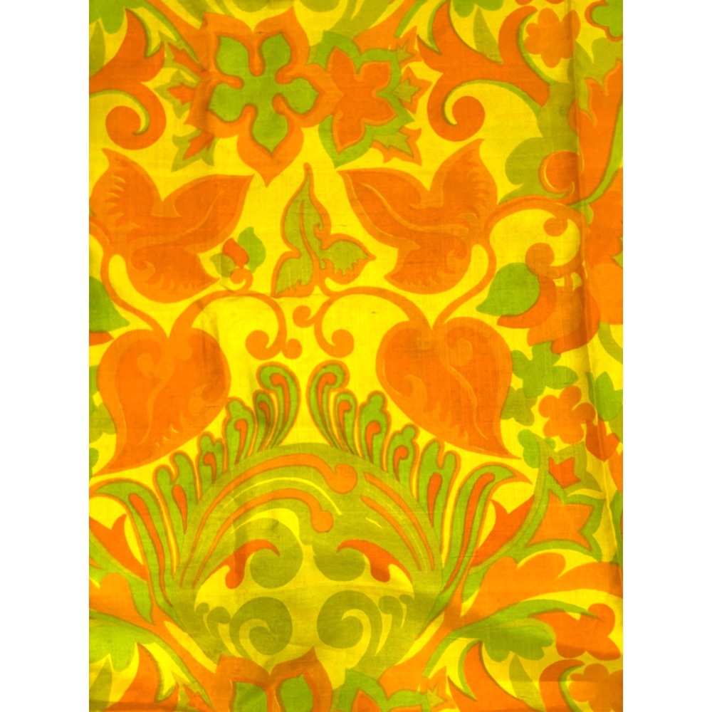 Vintage Psychedelic Floral Silk 70s Fabric Remnant Orange Green 88x39